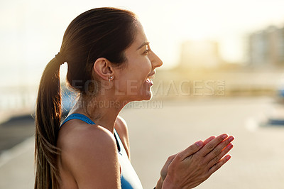 Buy stock photo Outdoor, woman and fitness with smile, energy and challenge with wellness, progress and routine. Healthy person, runner and athlete in city, hobby and training with performance, exercise and workout