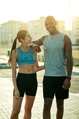 Buy stock photo Portrait, couple and exercise in city for fitness, wellness and health benefits with training journey. Partner, woman and man with bonding for cardio challenge, workout progress or happiness by flare