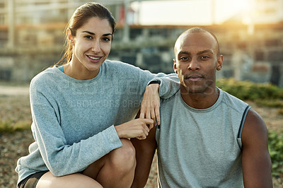 Buy stock photo Break, couple and outdoor in portrait for fitness, wellness and bonding with smile for exercise. City, woman and man with support for training together, workout rest and healthy relationship by flare
