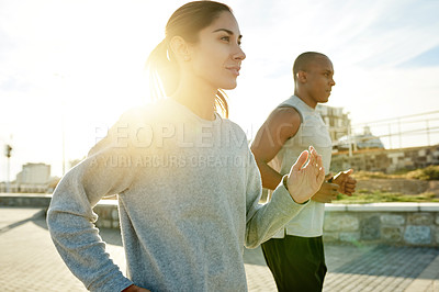 Buy stock photo Fitness, couple and running outdoor for training, body wellness or health by promenade. Interracial, man and woman with cardio exercise for workout, sport or race with energy for endurance marathon