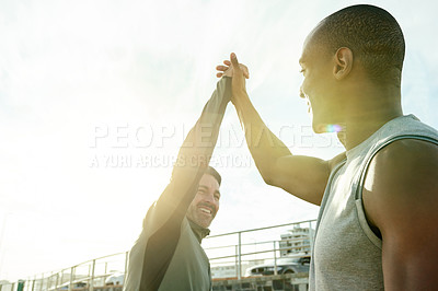 Buy stock photo High five, men and celebration for teamwork, fitness and personal trainer with motivation for client. Outdoor, athlete and people with smile for accomplishment, thank you and success for workout