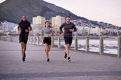 Buy stock photo Fitness, friends and group on promenade for training, wellness and endurance exercise. Athlete, men and woman with running challenge for workout, physical health and resilience or cardio together