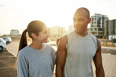 Buy stock photo City, couple and happy with love for fitness, wellness and health benefits with training journey. Dating people, woman and man with thinking for exercise, workout progress and relationship by flare