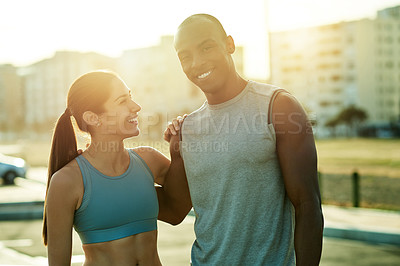 Buy stock photo City, couple and portrait with hug for fitness, wellness and health benefits with training journey. Happy people, woman and man with support for exercise, workout progress and relationship by flare