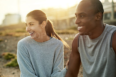 Buy stock photo Outdoor, couple and thinking with smile for fitness, wellness and bonding with break for exercise. City, woman and man with support for training rest, workout ideas and healthy relationship by flare