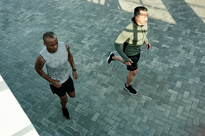 Buy stock photo Men, above or running for city fitness, exercise or workout wellness in social sports with coach. Friends, team or personal trainer for athlete marathon, race or competition training accountability