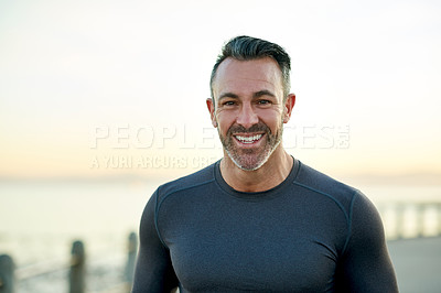 Buy stock photo Happy, running and portrait of man in morning rest for exercise, marathon training and workout. Sports, sunshine and person for wellness, health and recovery for performance, endurance and fitness