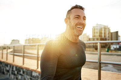 Buy stock photo Happy man, laughing or exercise break at beach for outdoor running, fitness workout or training space. Confident, funny joke or runner with smile at sea for walking, resting or sports performance