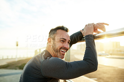 Buy stock photo Happy man, thinking or resting on running break for outdoor exercise, fitness workout or cardio training. Fatigue, tired or runner with smile in practice for health, recovery or sports performance