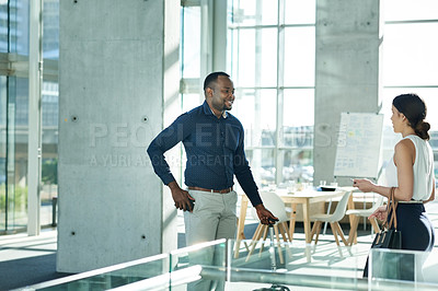 Buy stock photo Business people, conversation and start of work in office, pharmaceutical sales and team partnership. Employees, discussion and plan for product growth in company, project and lobby for collaboration