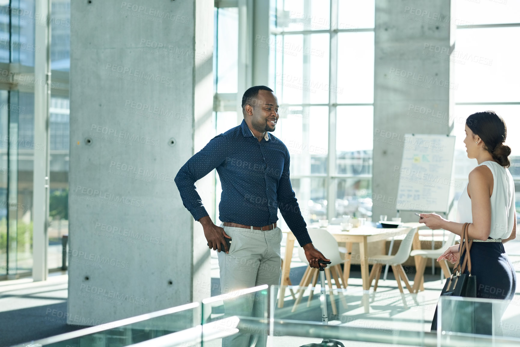 Buy stock photo Business people, conversation and start of work in office, pharmaceutical sales and team partnership. Employees, discussion and plan for product growth in company, project and lobby for collaboration