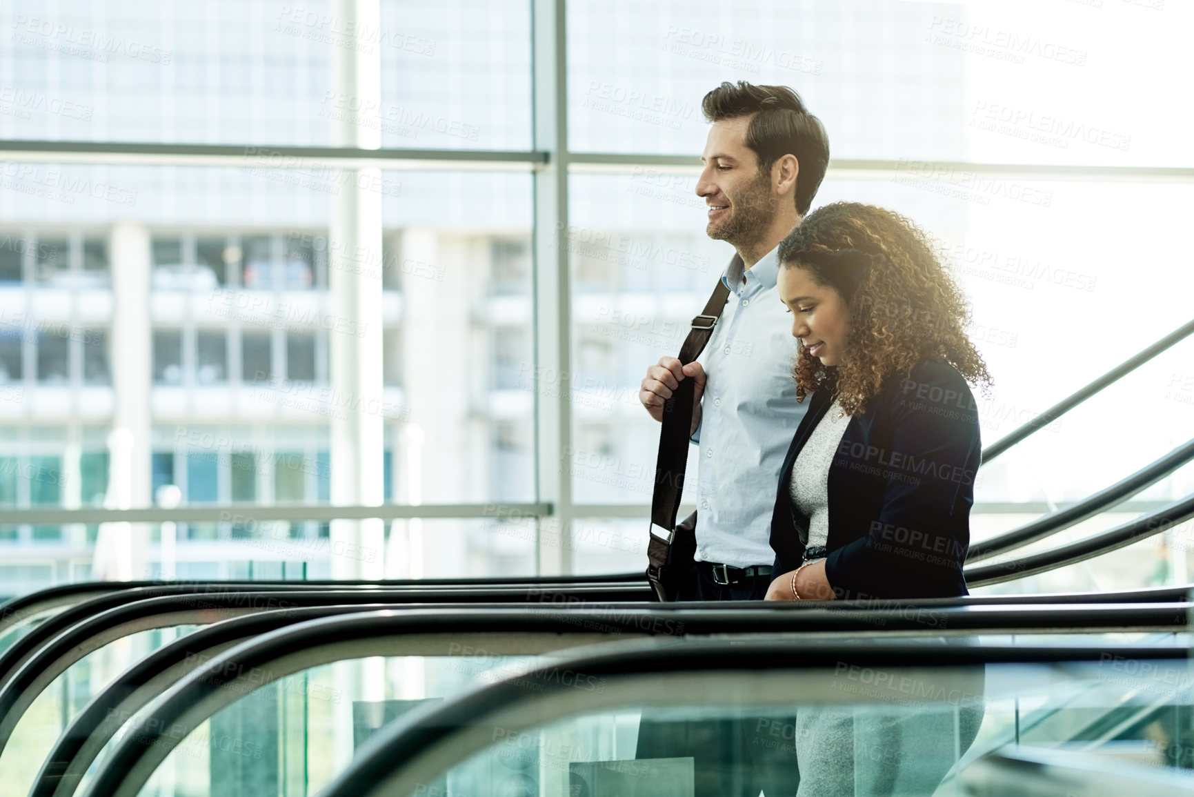 Buy stock photo Business people, escalator and start of work in workplace, travel and group of employees for arrival. Colleagues, company convention and modern transportation to seminar, commute together and leaving