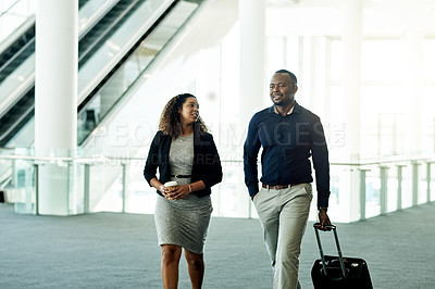 Buy stock photo Business, people and walking with luggage in lobby for international trip, meeting arrival or flight departure. Professional, group and travel in airport for corporate journey and career discussion