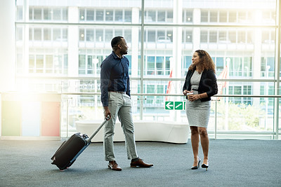 Buy stock photo Airport, lobby and business people with suitcase meeting for conference, seminar and convention. Modern building, professional workers and man and woman in conversation for travel, journey and trip