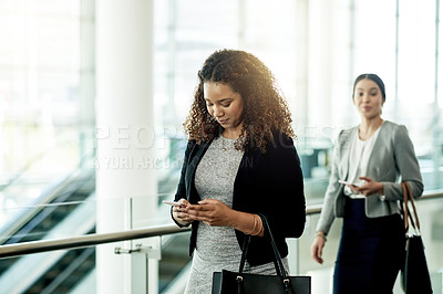 Buy stock photo Professional, woman and typing with phone in office for text message, direction search and communication. Business, employee and commute with smartphone for reading email or appointment information