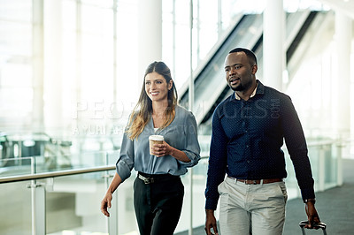 Buy stock photo Business, people and walking together at airport for corporate travel, global convention and international flight. Professional, team or happy in lobby with work arrival, talking or meeting departure