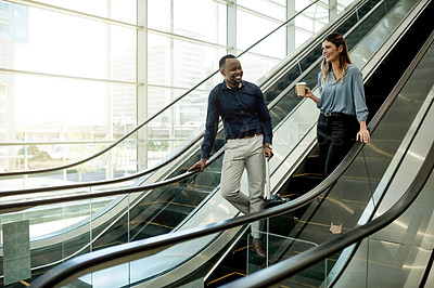 Buy stock photo Escalator, talking and luggage with business people in airport together for travel or trip. Collaboration, smile and suitcase of man employee with woman colleague in lobby for international flight