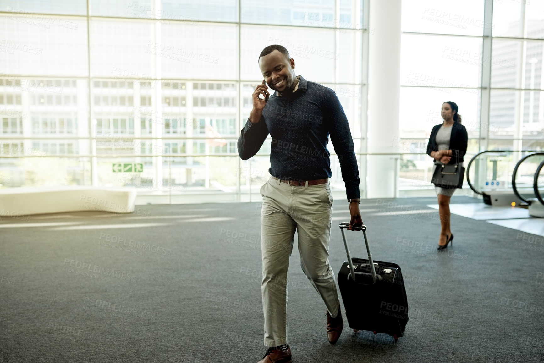 Buy stock photo Man, phone call and bag in airport for travel, business contact and trip confirmation. Journalist, luggage and technology in terminal for communication, booking accommodation and news source update