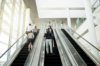 Buy stock photo Business, man or luggage with phone call on escalator for meeting schedule, flight information or global networking. Professional, people or travel in lobby with communication, online booking or trip
