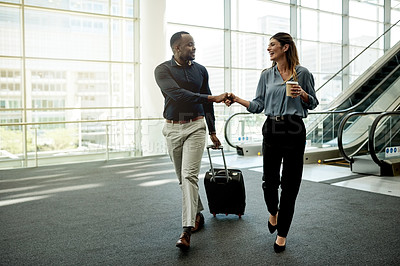 Buy stock photo Office, lobby and business people with handshake for welcome, meeting and greeting. Professional, corporate and man and woman shaking hands for networking at convention, conference and seminar