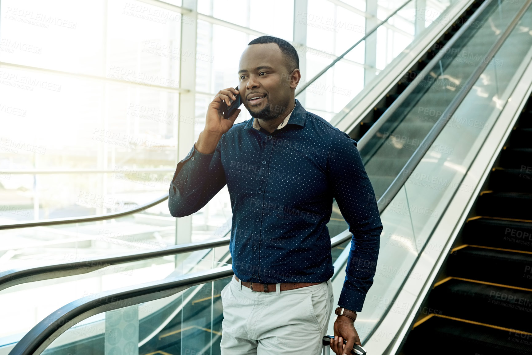 Buy stock photo Phone call, walking and business man on escalator for commute, travel and arrival in airport. Professional, international trip and person on electric stairs with smartphone for contact and networking