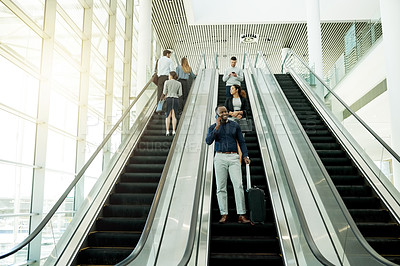 Buy stock photo Man, phone call and bag on escalator for travel, business contact and planning trip. Journalist, suitcase and technology in airport for communication, booking accommodation and news source update