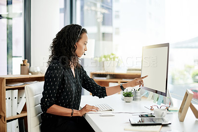 Buy stock photo Office, woman and mic with computer screen for consultant, customer information and telemarketing. Call center, digital and sales representative with headset for client feedback, report and business