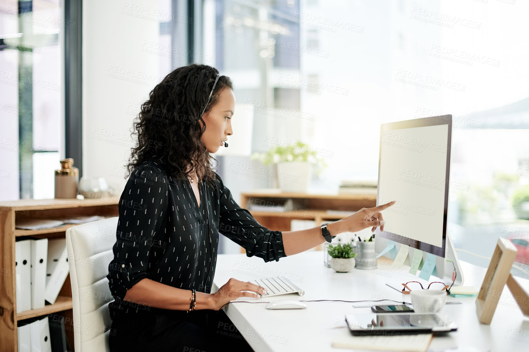 Buy stock photo Office, woman and mic with computer screen for consultant, customer information and telemarketing. Call center, digital and sales representative with headset for client feedback, report and business