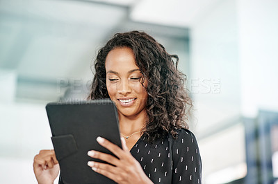 Buy stock photo Tablet, business woman and reading creative article, blog and content writing in startup office. Digital technology, app and happy worker on internet for project, email and story on social media