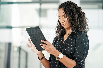 Buy stock photo Tablet, business woman and reading email in startup, scroll or content writing in office. Digital technology, app or worker on internet for project, blog or story for creative article on social media