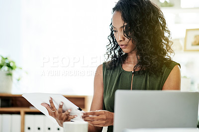 Buy stock photo Business woman, HR and documents with laptop for corporate policy, schedule or procedures at office. Female person, paperwork or reading with resume for onboarding process, relations or compensation
