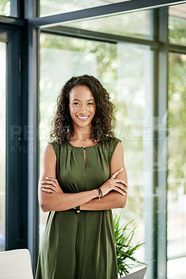 Buy stock photo Interior design, arms crossed and portrait of happy businesswoman in office with confidence and smile. Startup development, about us and proud creative professional designer in modern decor company