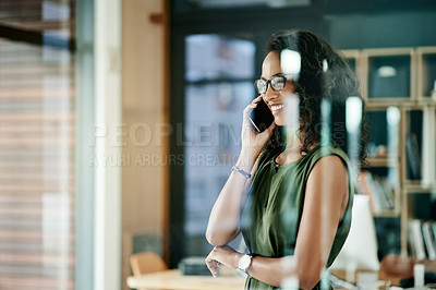 Buy stock photo Happy, business woman or accountant with phone call for finance advice, chat or talk at office. Female person, financial advisor or employee with smile on mobile smartphone for profit, help or tips