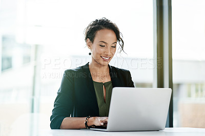 Buy stock photo Corporate, woman and typing on laptop in office for notary research, email feedback and website. Female lawyer, online and communication with legal advice, court case information and schedule planner
