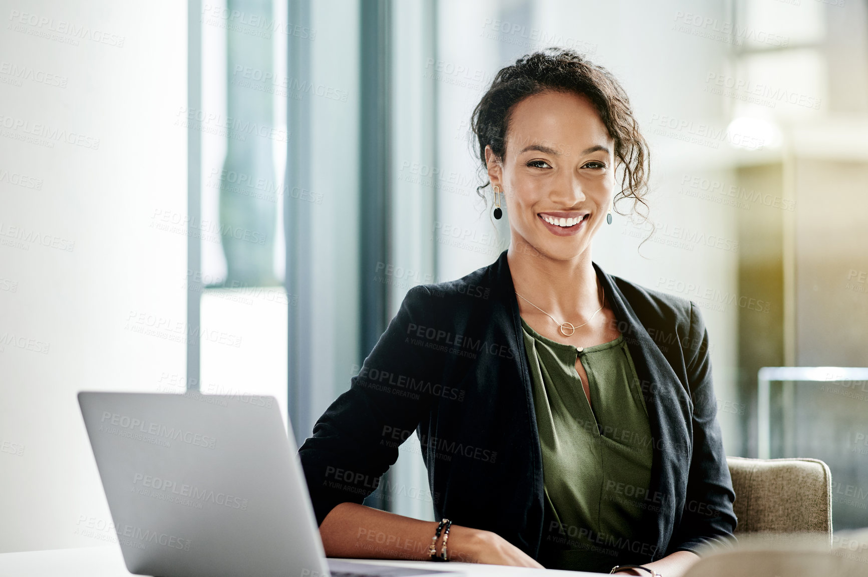 Buy stock photo Portrait, business and woman with laptop, lawyer or smile with research for court case. Face, employee or attorney in office, computer or internet with website info for compliance policy or legal aid