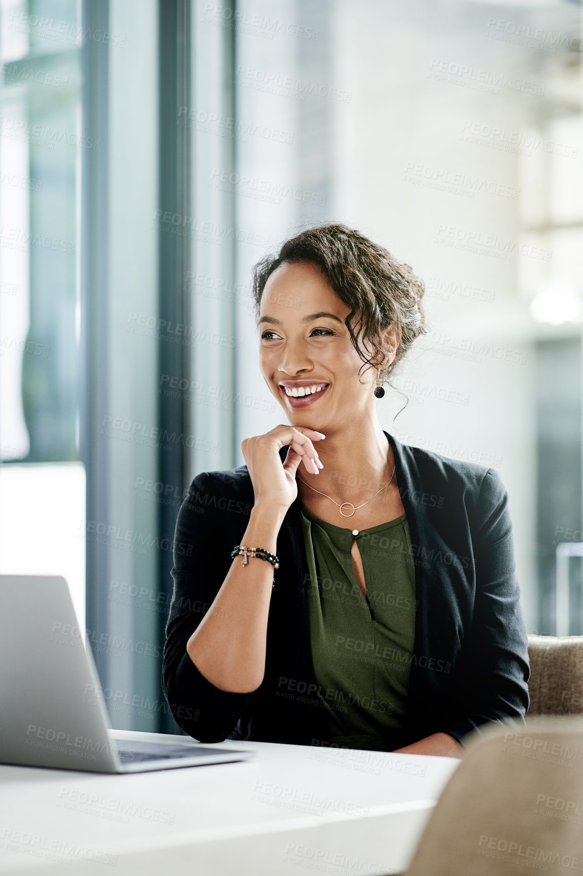Buy stock photo Happy, business woman or accountant with laptop for salary increase, profit or growth in revenue at office. Female person, employee or smile with computer for accounting, company finance or intuition