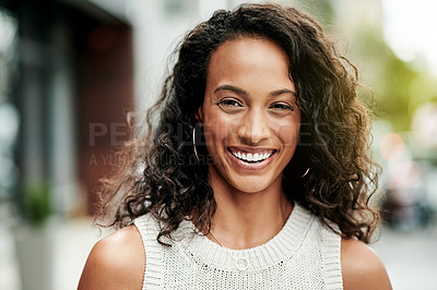 Buy stock photo Laughing, city and portrait of happy businesswoman by building for career growth and work opportunity. Confident, smile and face of proud event coordinator in town for urban travel or break in France