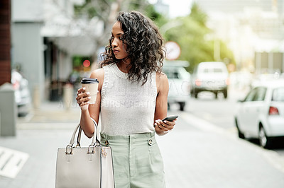 Buy stock photo Phone, thinking or businesswoman in city walking by building for career or work opportunity. Ideas, coffee or event coordinator booking location on mobile in town for urban travel, commute or break