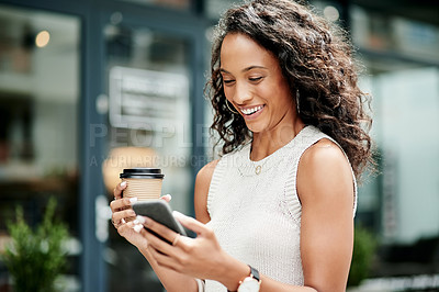 Buy stock photo Laughing, city and woman with smartphone, coffee and commuting to work in morning, creative and stylist. Outdoor, fashion designer and happy with media coverage on article, web and person with tea