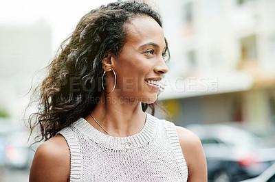 Buy stock photo Smile, woman and walking in city outdoor for morning commute, fashion and travel journey. Thinking, female person and smart casual clothes with urban trip, exploring downtown and career opportunity