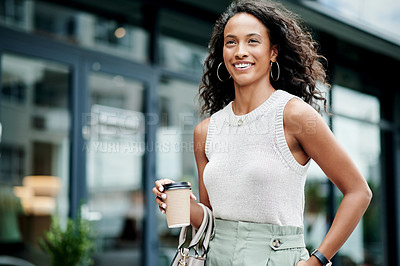 Buy stock photo Business, woman and walk with coffee in city for morning commute, caffeine start and travel journey. Smile, female person and corporate fashion with takeaway beverage, employee routine and urban trip