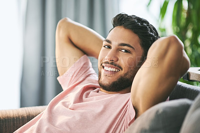 Buy stock photo Happy, home and portrait of man on sofa for rest, chilling and comfortable on weekend. Living room, house and person on couch smile for carefree, relax and satisfied for vacation, break and holiday