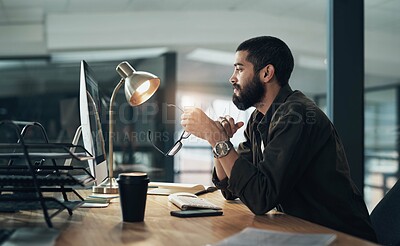 Buy stock photo Computer, night and web design with man in office for online coding or programming deadline. Business, desktop and development with programmer employee thinking in creative workplace for overtime