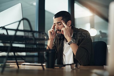 Buy stock photo Computer, design and stress with man in office at night for website coding or programming deadline. Business, desktop and headache with annoyed programmer employee in creative workplace for overtime