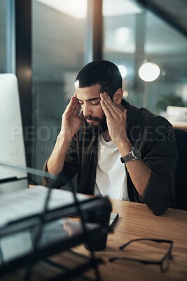Buy stock photo Burnout, computer and night with designer man in office for website coding or programming deadline. Business, headache and stress with tired programmer employee in creative workplace for overtime