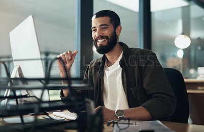 Buy stock photo Smile, business and man with computer in office for software update, programming website and research. Male person, programmer and IT with online maintenance, report feedback and solution of deadline