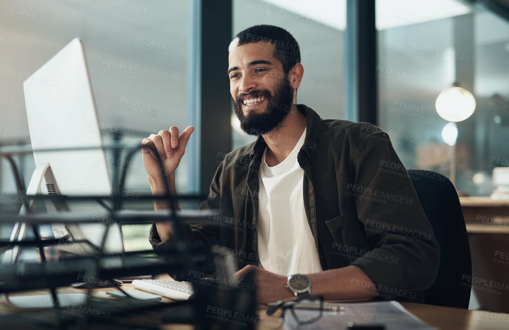 Buy stock photo Smile, business and man with computer in office for software update, programming website and research. Male person, programmer and IT with online maintenance, report feedback and solution of deadline