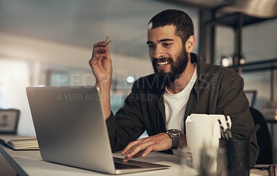 Buy stock photo Food delivery, laptop and night with business man in office for takeaway, deadline and dinner break. Smile, eating and research with person and meal order in creative agency for nutrition and hunger