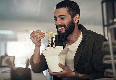 Buy stock photo Creative, man and takeout with noodles, break and video editor at night with overtime for project. Content creation, deadline and person with smile, post production or design process with dinner