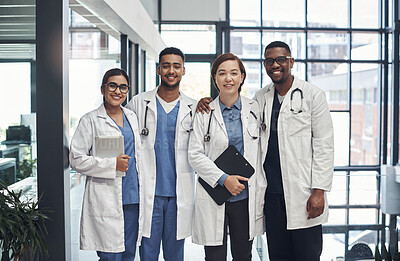 Buy stock photo Group, medical and doctor in hospital for portrait with teamwork or collaboration for support of healthcare services. Diversity, staff and cardiology specialist with medicine for wellness treatment